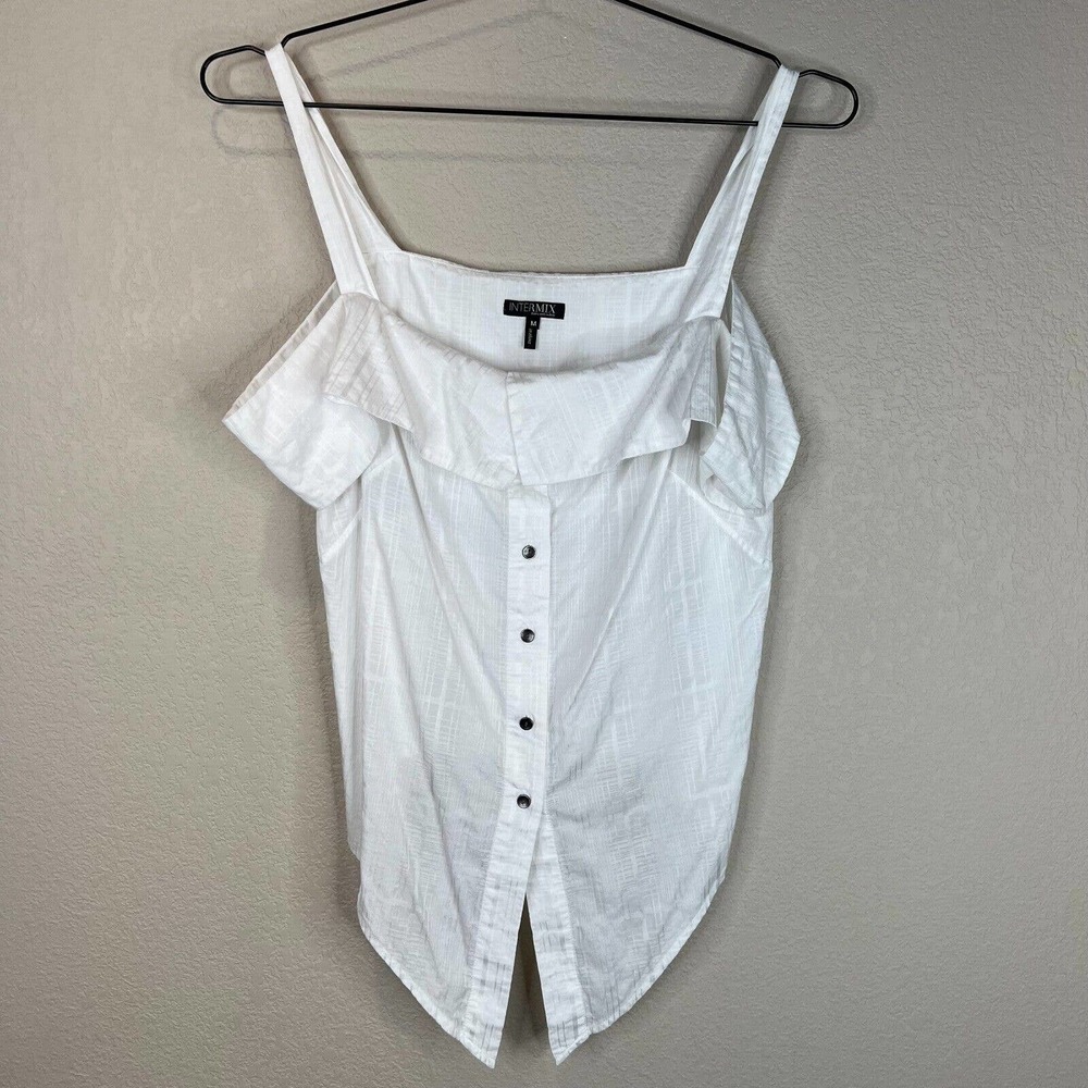 Intermix Women's Button Front Tie Off Shoulder Blouse Top White Size Medium‎